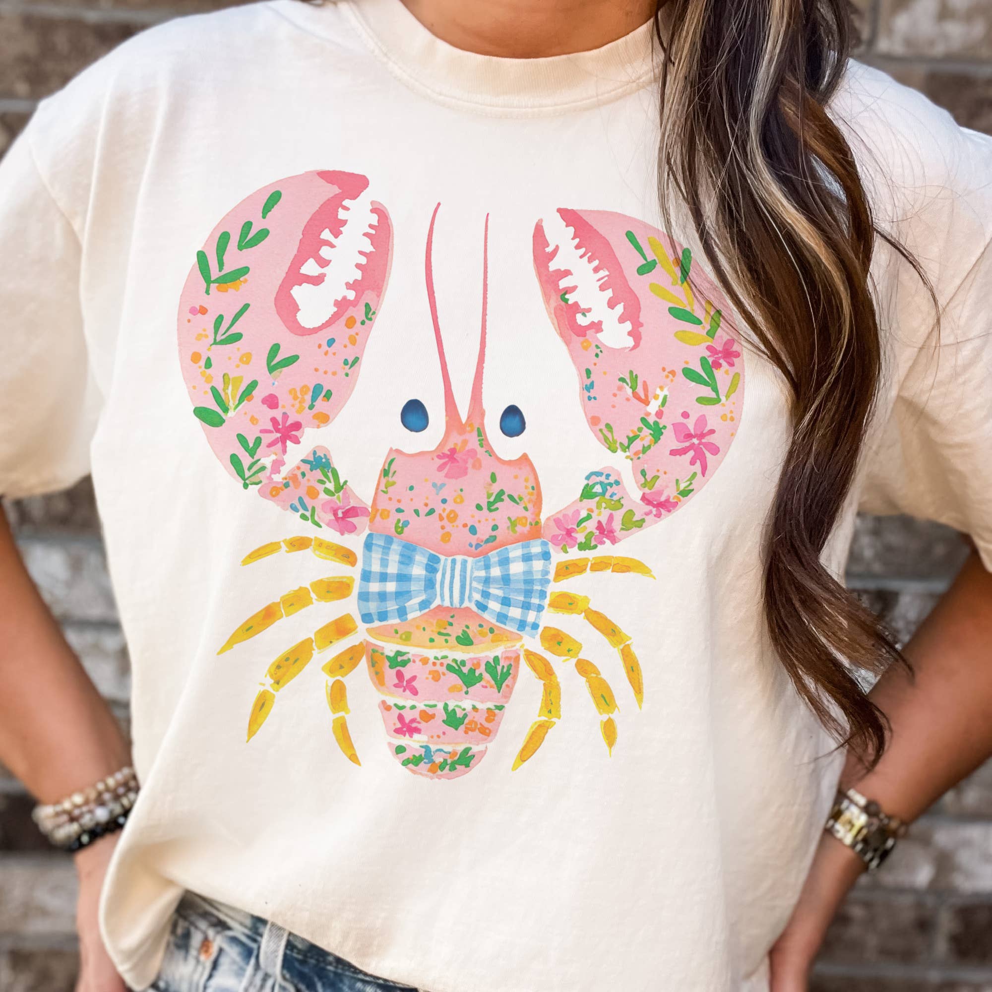 Coastal Preppy Crawfish Floral Beach Resort Graphic Tee