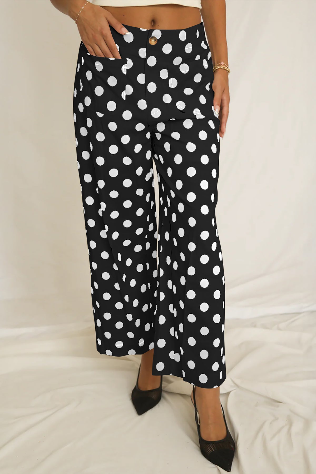 Black Polka Dot Print Patched Pocket Mid-rise Straight Leg Pants