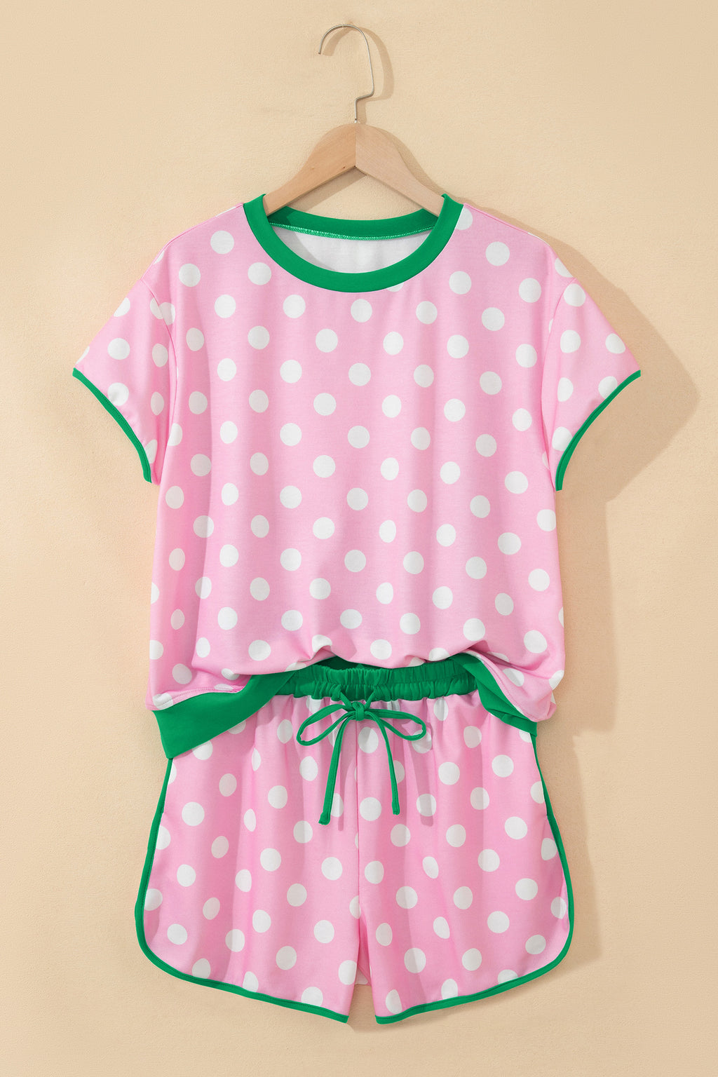 Pink Polka Dot Contrast Edge Casual Short Set