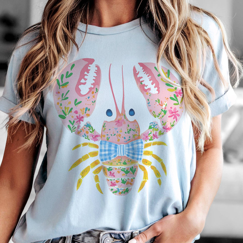 Coastal Preppy Crawfish Floral Beach Resort Graphic Tee