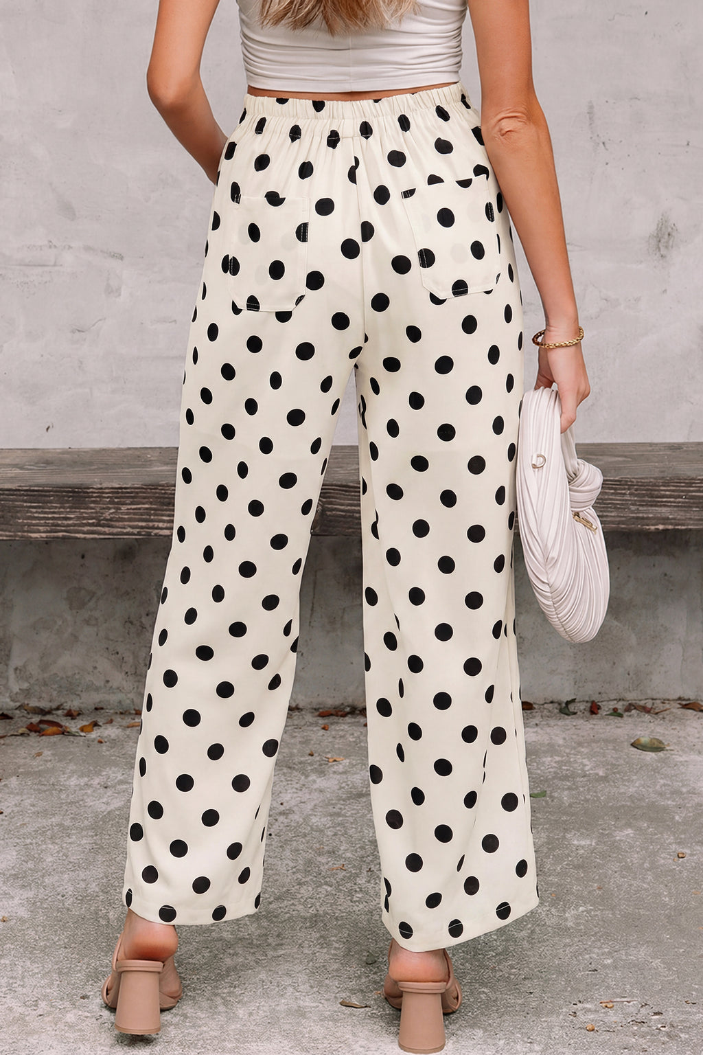 White Polka Dot Print Patched Pocket Mid-rise Straight Leg Pants