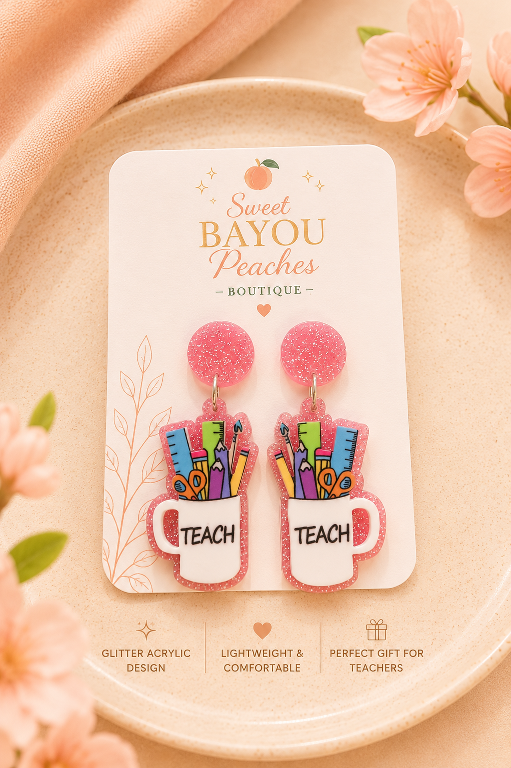 Teach From the Heart Glitter Acrylic Earrings