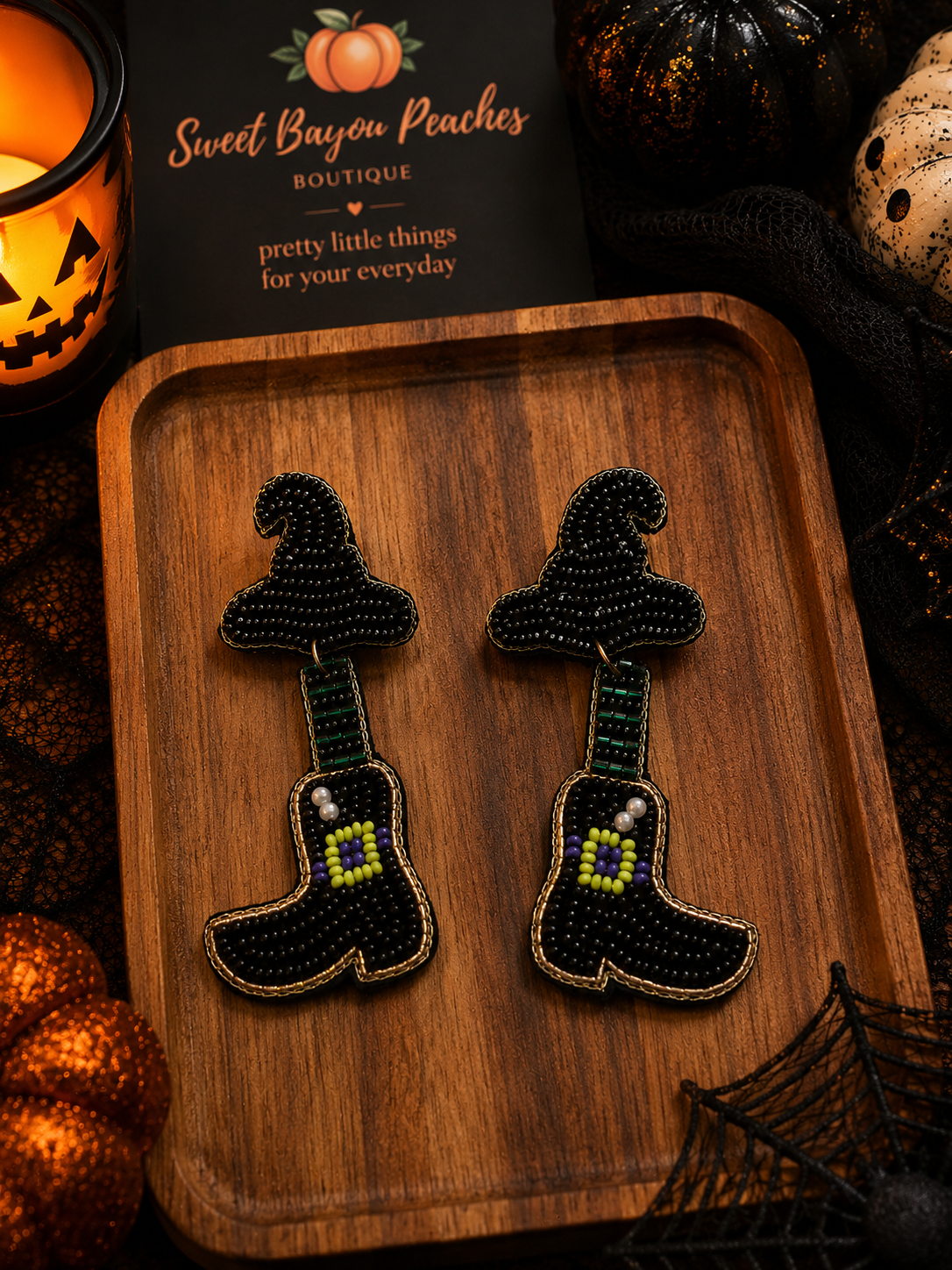 Spellbound Witch Boot Beaded Statement Earrings