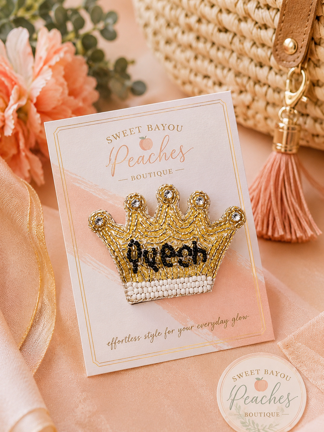 Peachy Queen Crown Beaded Pin