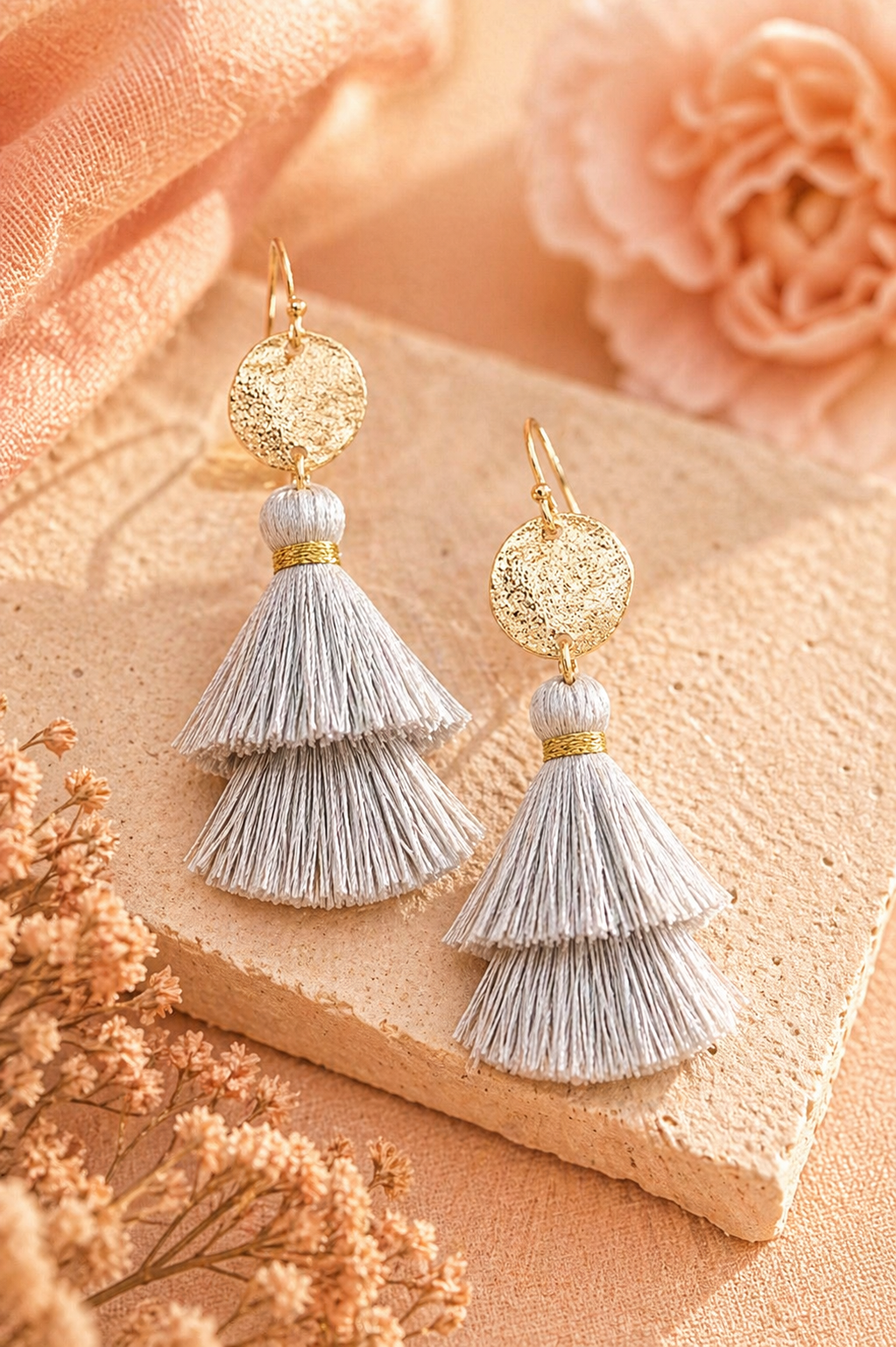 Peach Bloom Layered Tassel Earrings
