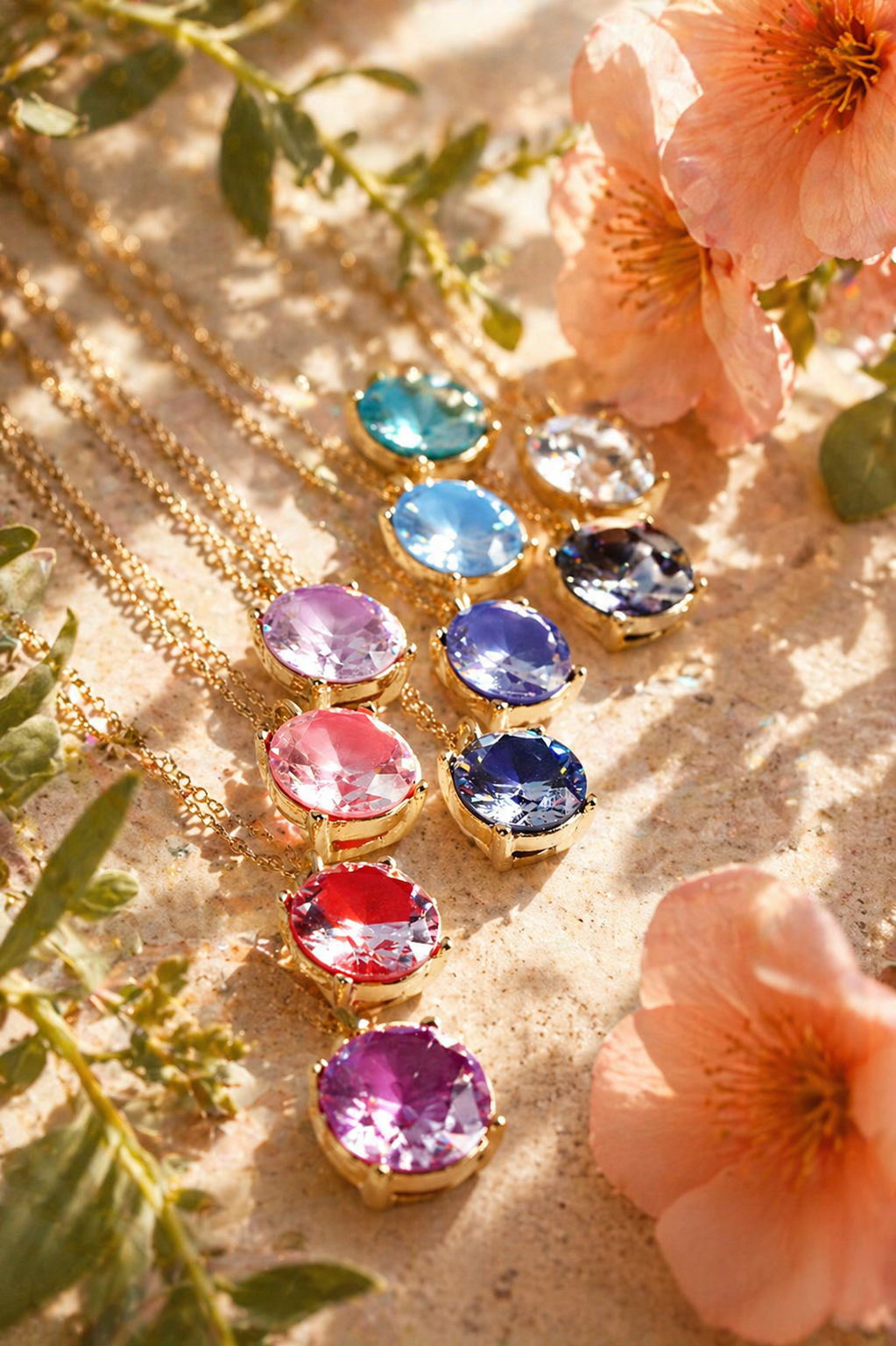 Necklace with colorful gemstones on a textured surface with flowers and leaves.