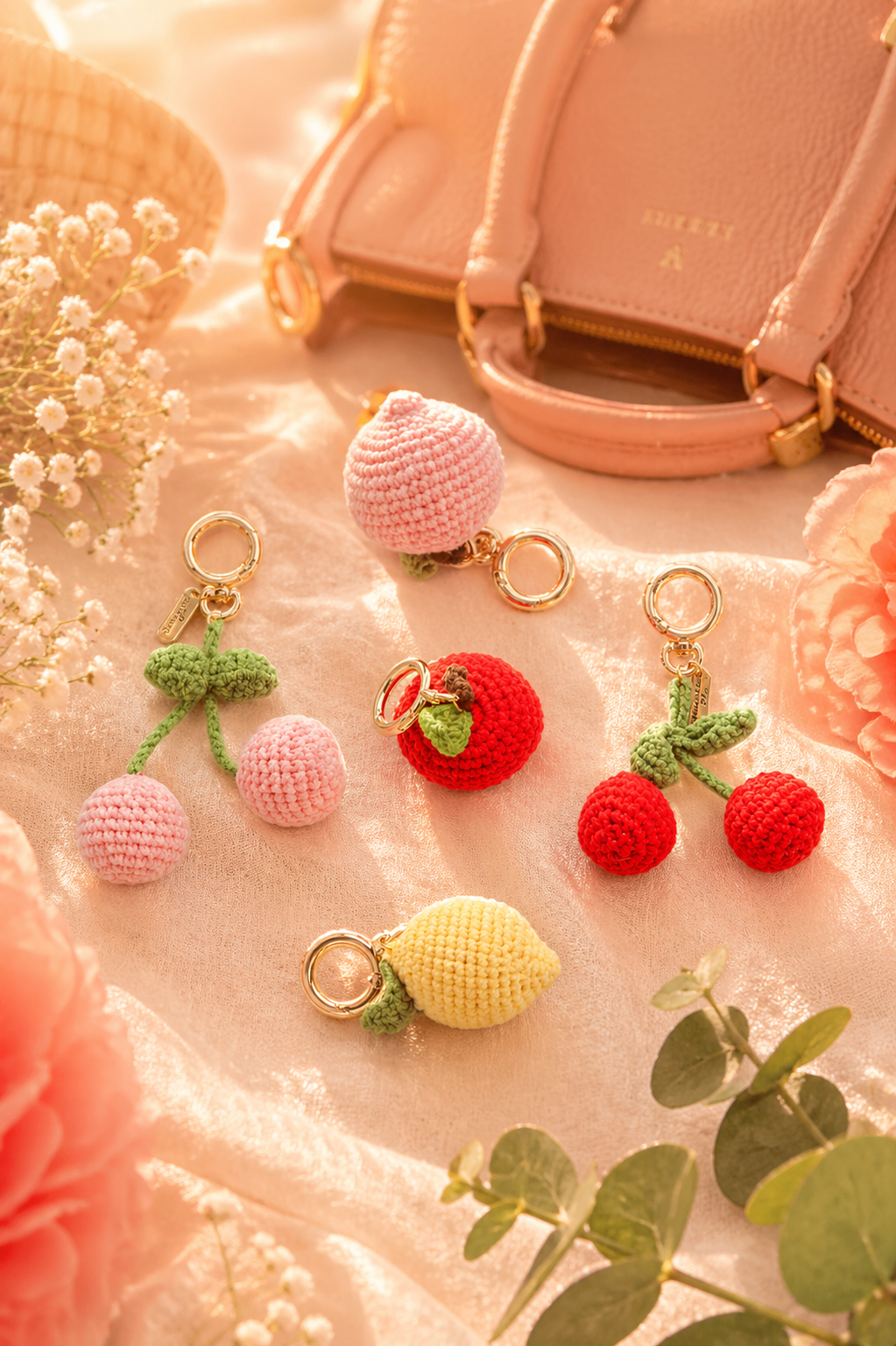 Sweet Summer Fruit Charm Keychain – Peach, Cherry & Lemon Crochet Clip