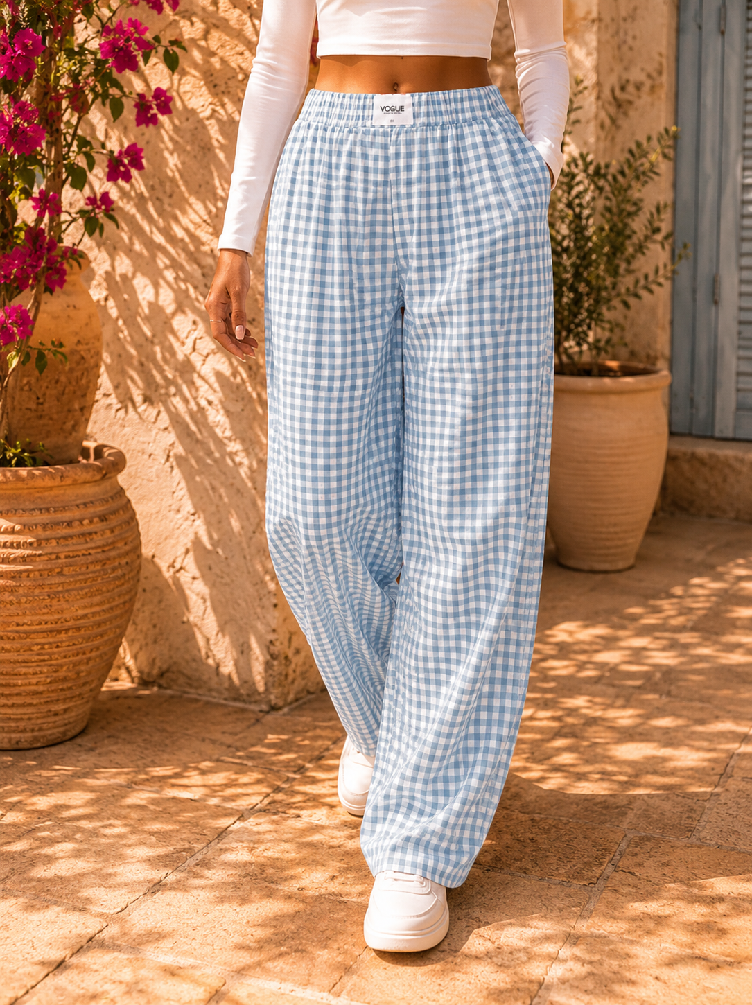 Saltwater Breeze Plaid Wide Leg Casual Pants