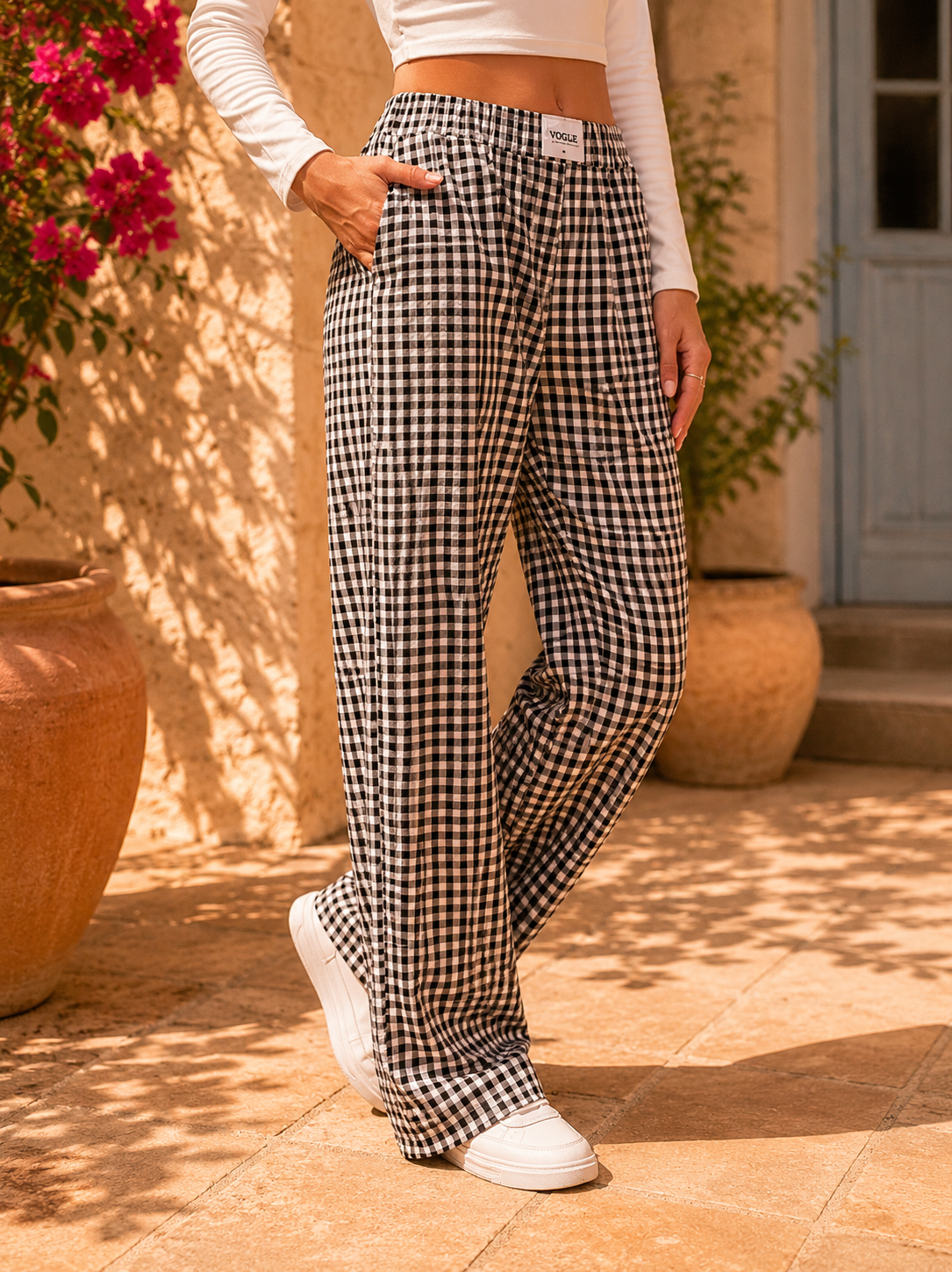 Saltwater Breeze Plaid Wide Leg Casual Pants