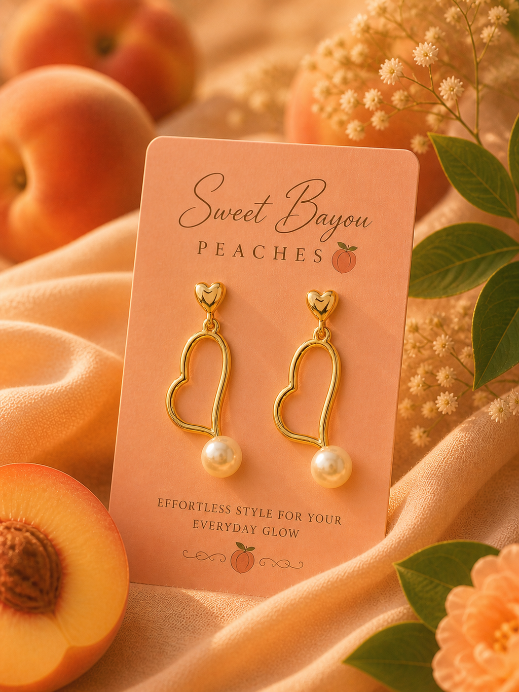 Golden Heart Pearl Drop Earrings