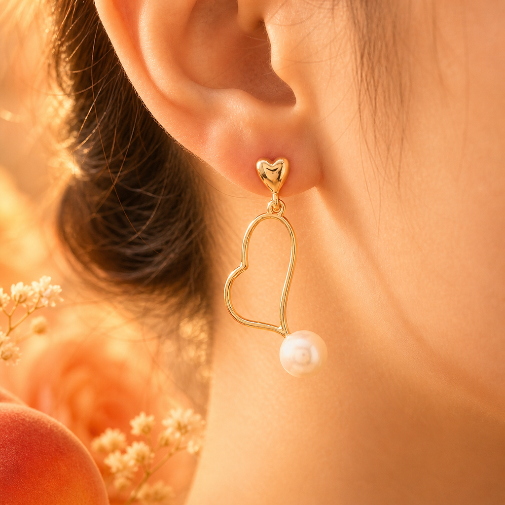 Golden Heart Pearl Drop Earrings