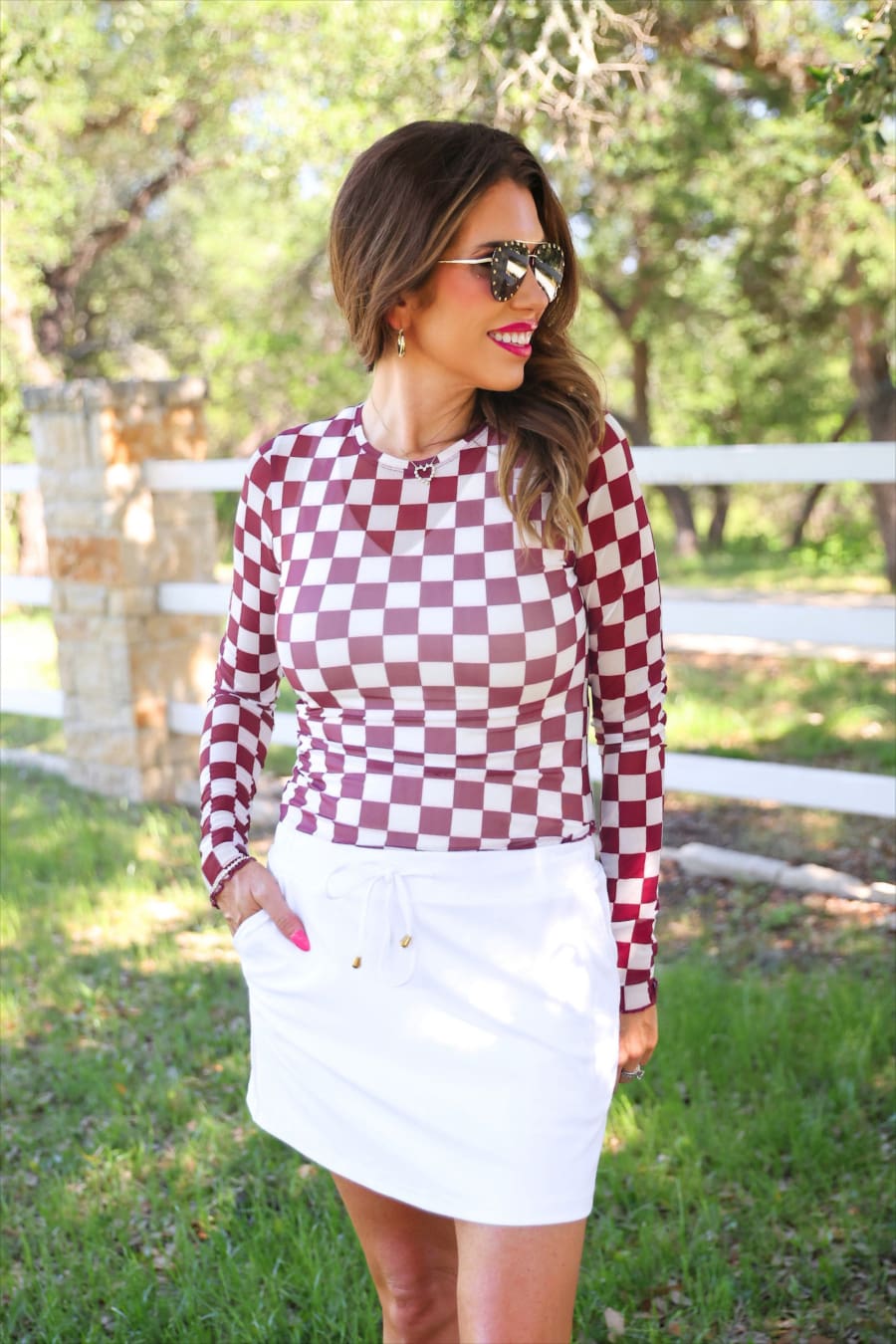Alyssa Mesh Top- Maroon Checkered